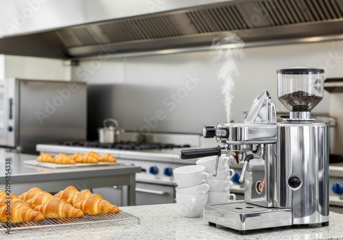 Espresso machine brewing hot coffee with croissants in a commercial kitchen