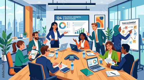 Diverse business team collaborates in modern office meeting room for strategic planning.