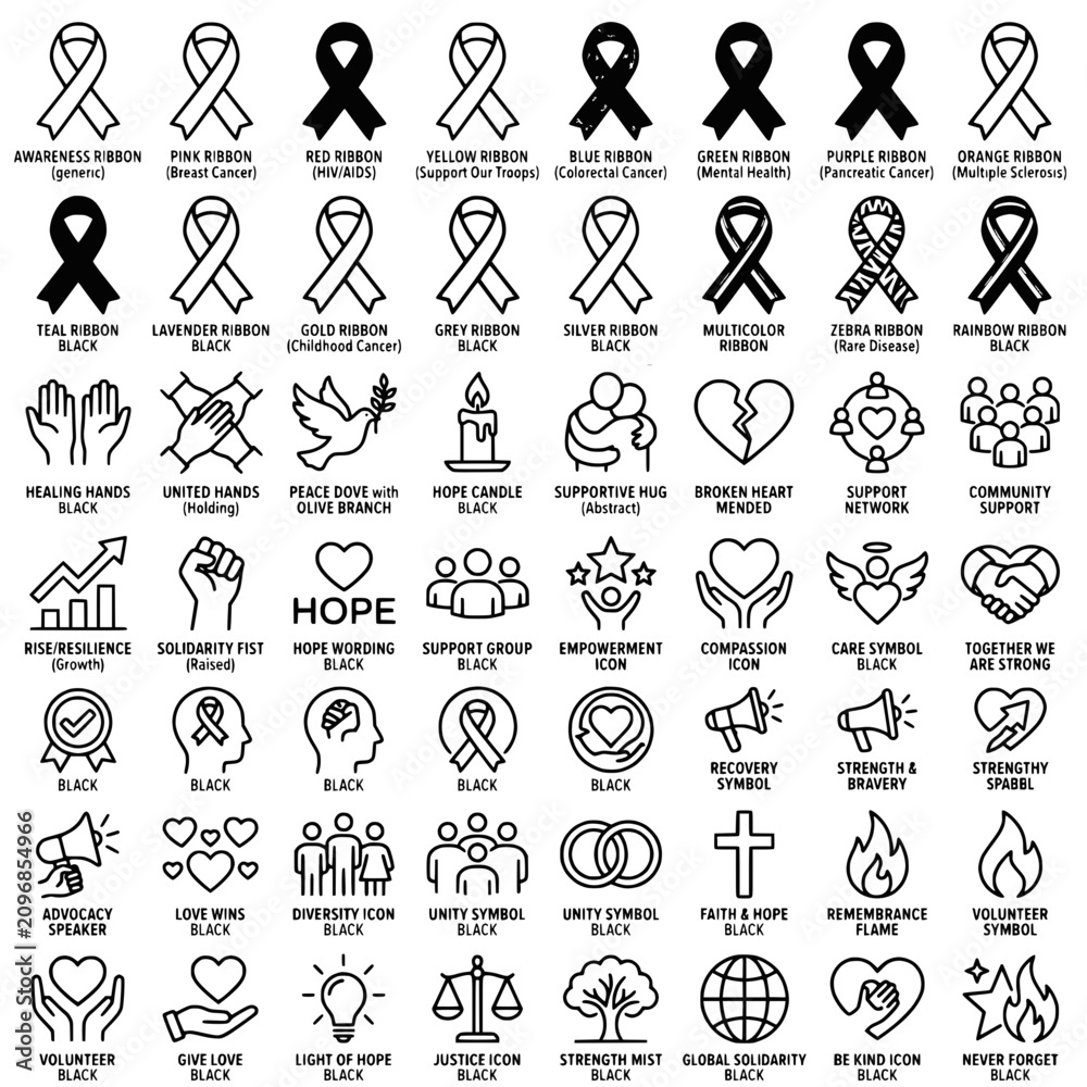 Fototapeta premium Collection of Awareness Ribbons and Support Icons