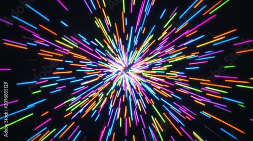 Abstract explosion of colorful light streaks against a dark background. The streaks emanate from a bright central point, creating a dynamic and energetic visual effect