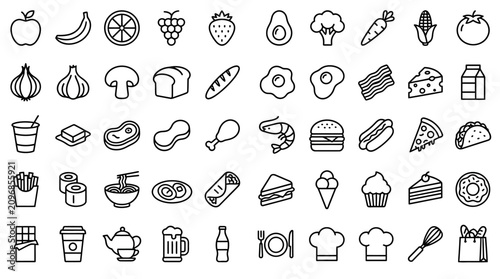 Fotografía Diverse Food Icons Set: Fresh Fruits, Vegetables, Meals, Drinks, and Desserts