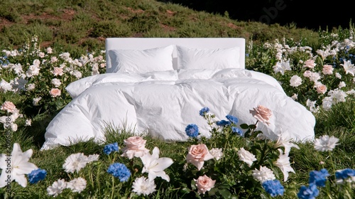 White bed mattress with pillows and bedding outdoor surrounded by summer blooming flowers and green grass