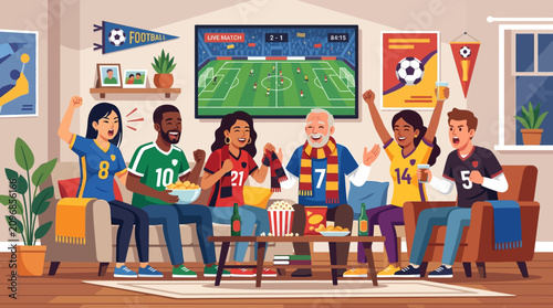 Diverse friends watching soccer match on TV, celebrating goal at home, excited fans