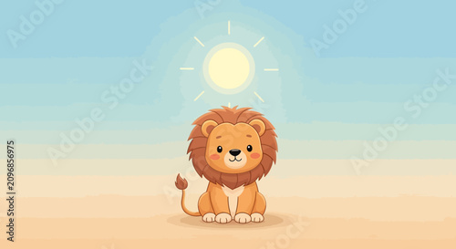 Adorable cartoon lion cub sitting and smiling with a friendly expression.