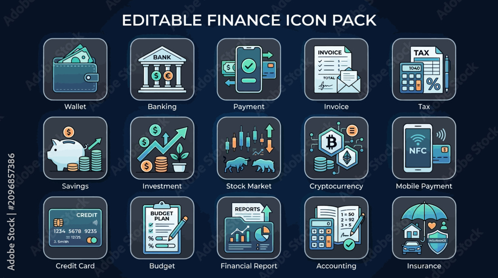 Fototapeta premium Editable Finance Icon Pack: Wallet, Banking, Payment, Tax, Savings, Investment, Crypto, Mobile Pay