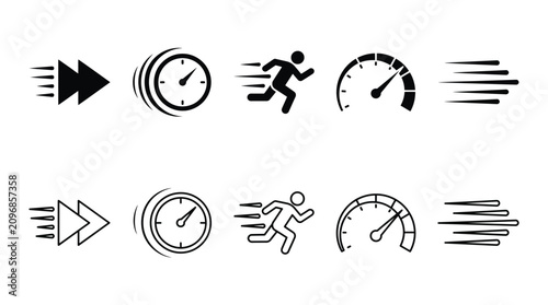 Obraz na plátně Minimalist vector speed icons set featuring fast forward, clock, running person,