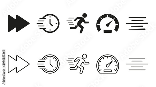 Fotografie Minimalist vector speed icons set featuring fast forward, clock, running person,