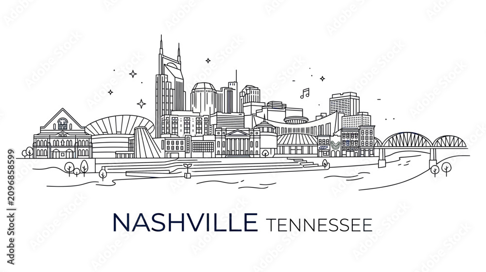 Fototapeta premium Nashville Tennessee Skyline Hand Drawn Sketch Cityscape Vector Art
