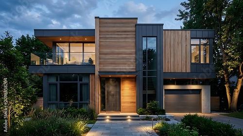 Modern luxury home with wooden deck and large windows.