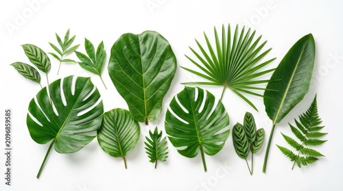 Assorted Fresh Green Tropical Leaves on White Background