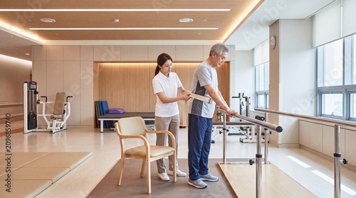 Wide view of a physiotherapist guiding an adult patient through supervised mobility, balance, and strength rehabilitation exercises, with practical learning and contextual background