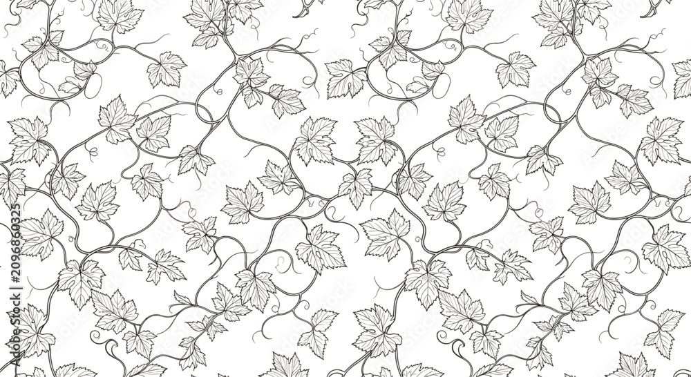 Fototapeta premium Seamless pattern with grape vine leaves and curling tendrils, hand drawn botanical background
