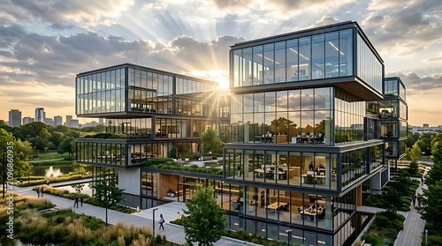 Modern glass office building at dusk with city lights.