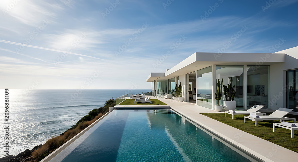 Fototapeta premium Modern Luxury Villa with Infinity Pool Overlooking the Ocean at Sunny Day