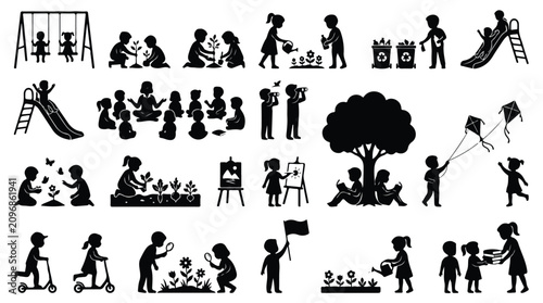 Children outdoor activities silhouette icons, kids playing in park vector set, childhood education and recreation elements for school projects