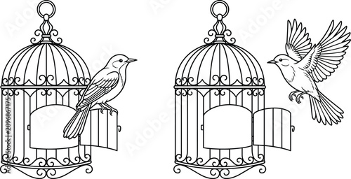 Quadro su tela Bird Escaping from Open Cage Vector Illustration Symbolizing Freedom Liberty and