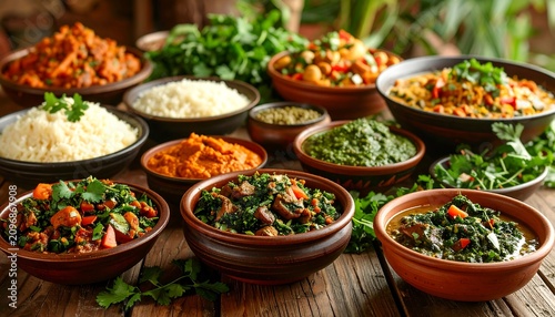 Assorted vegetarian dishes with fresh herbs and spices.