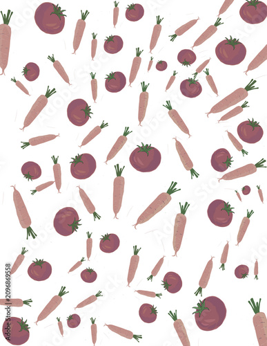 Minimalist Vegetable Pattern with Carrots and Tomatoes on White Background

