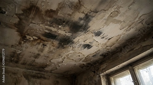 Severe water damage on ceiling and walls in abandoned interior