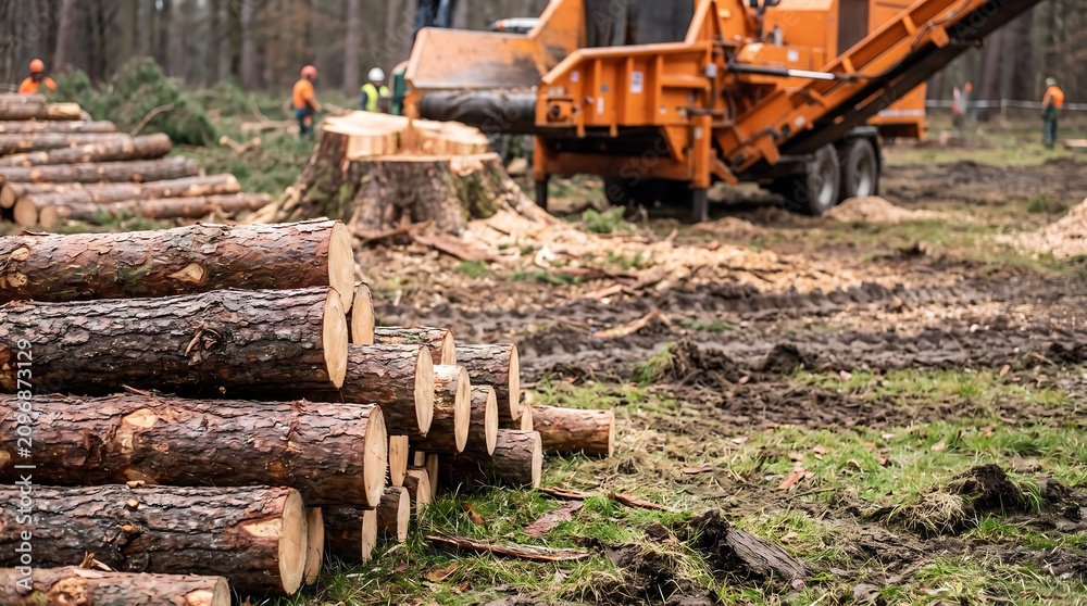 Fototapeta premium Felled Tree Logs and Wood Chipper Forestry Industry Concept