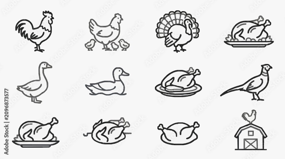 Obraz premium Clean Black and White Line Drawing Icons of Various Poultry and Farm Scenes for Use with high quality professional line art symbols for modern creative design and digital branding projects