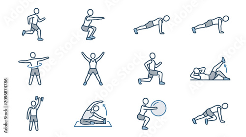 Quadro su tela Elegant Collection of Minimalist Blue Grey Exercise Icons Showcasing 12 Dynamic