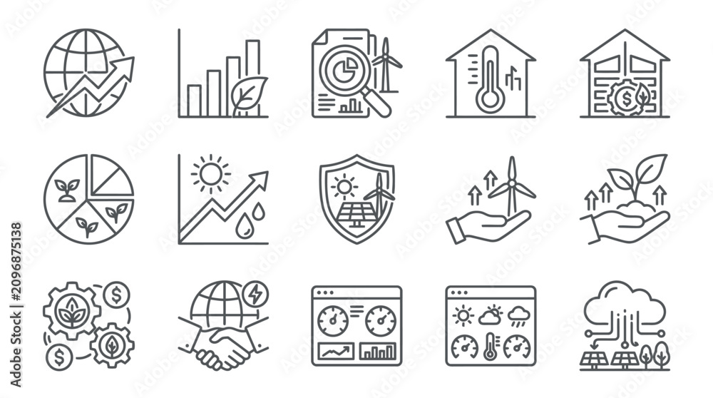 Fototapeta premium Sleek Monochrome Line Icons Set Featuring Global Trends Energy Sustainability Finance and Technology Concepts