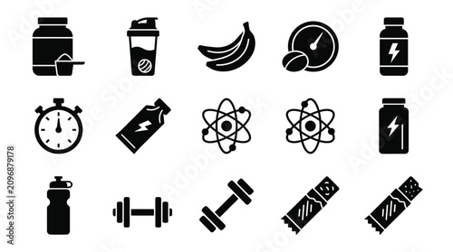 A canvas featuring a collection of nine flat-design silhouettes a icons for meal times, drinking bottles and food for a diet lifestyle and gaining weight