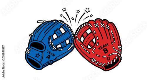 Baseball glove competition between red and blue teams with stars