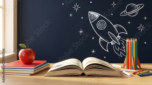 Back to school concept with apple books rocket and colorful pencils on a desk with chalkboard background inspiring children imagination and creativity for future success.