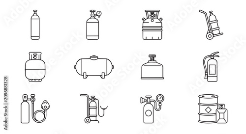 Set of line style gas cylinder and chemical tank icons for industrial safety and equipment with cylinder