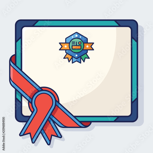 Modern Certificate or Diploma with Decorative Red Ribbon and Award Badge Vector Illustration