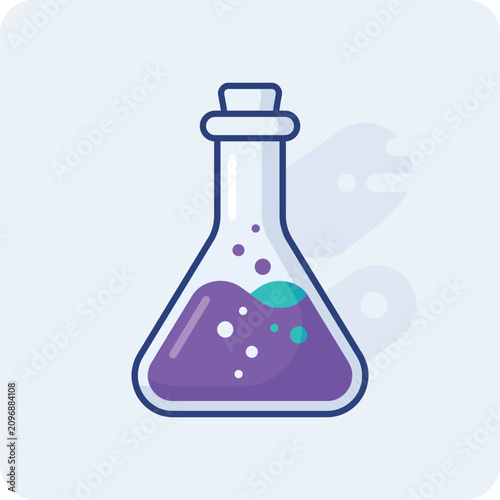 Modern Flat Design Erlenmeyer Flask Icon with Purple Liquid and Bubbles