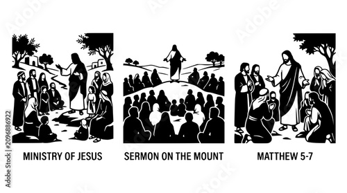 Black and white vector illustrations of Jesus teaching in a landscape