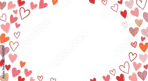 Decorative frame of hand-drawn red and pink hearts with background