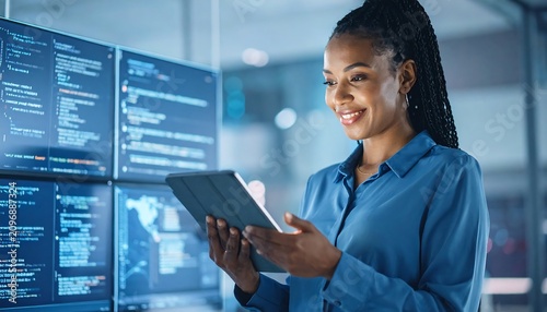 Professional man in office analyzing financial data on computer screens.