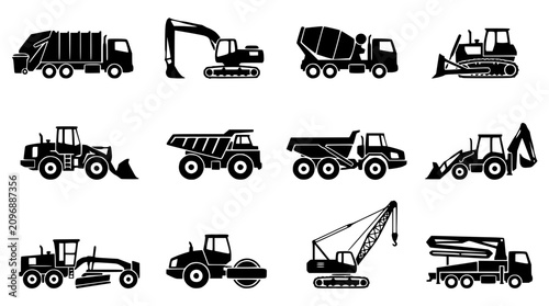 Black and white vector illustration of various heavy construction vehicles