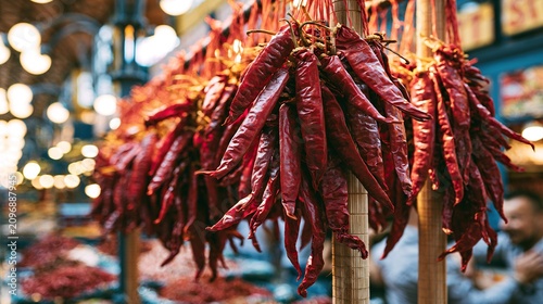 Dried red chili strings market stall warm light