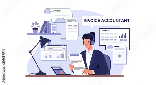 Female accountant with headset reviewing paper invoices and financial data at a desk with calculator, lamp, and digital charts in flat vector illustration business style.