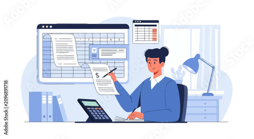 Flat vector illustration of a professional female accountant managing invoices and financial data on a large digital spreadsheet interface with a calculator and binders on a desk.