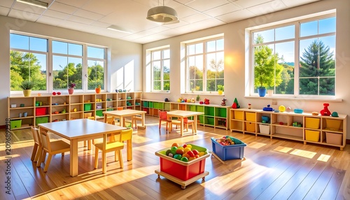 Empty Bright Kindergarten Preschool Classroom with Toys and Tables