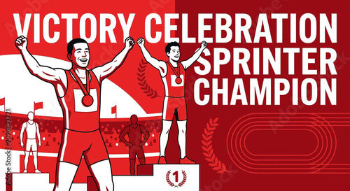 Athletic Victory Celebrations Showcasing Sprinter Champions On Podium With Medals