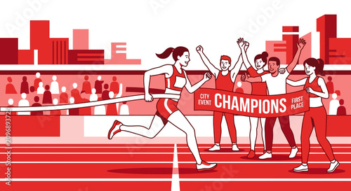 Athletic Victory Celebration Woman Crosses Finish Line Holding Champions Banner