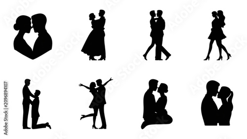 Photography Silhouette couple dancing and embracing in various romantic poses Vector
