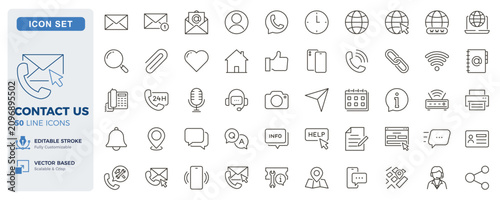 Contact us icon set. Customer support, communication and help desk thin line icons. Editable stroke vector illustrations.