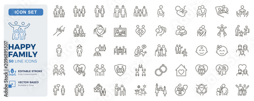 Happy family icon set. Parenting, relationships, childcare and family life thin line icons. Editable stroke vector illustrations.