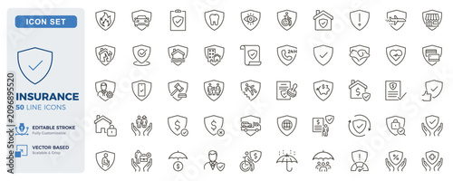 Insurance icon set. Protection, coverage, policy and risk management thin line icons. Editable stroke vector illustrations.