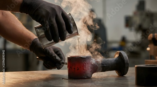 Industrial blacksmith quenching hot glowing metal part in oil with smoke.