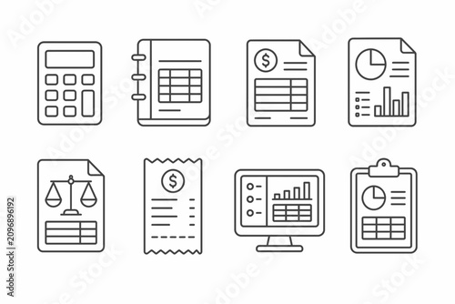 Accounting and Financial Reporting Icons Pack Outline Vector