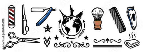 Fotografía Collection of vintage barber shop tools and icons for professional grooming and hair styling design